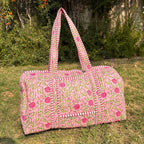 Large Rose pink Cotton Quilted Duffle Bags Block print Gifts Handmade Colorful Travel night Travel Gym Yoga Luggage pocket 18x9x9 inches