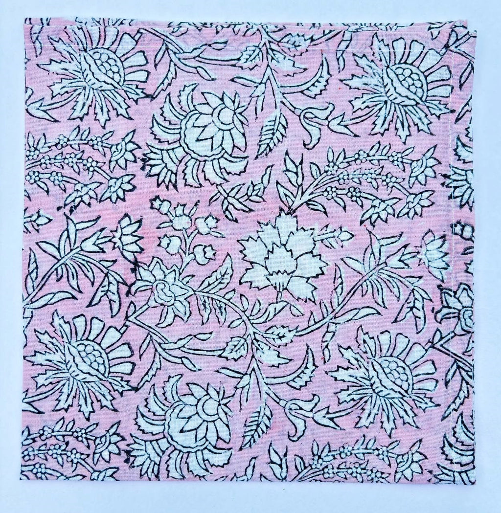 Handmade Salmon Pink Floral Cotton Napkins: Block Printed Table Decor