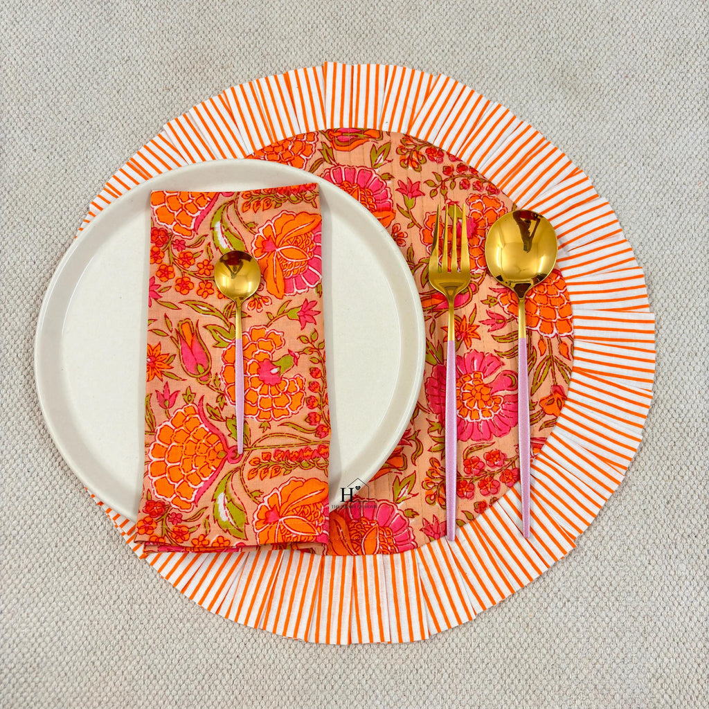 Handcrafted Orange Floral Quilted Placemat & Napkin Set: Indian Artisan Decor