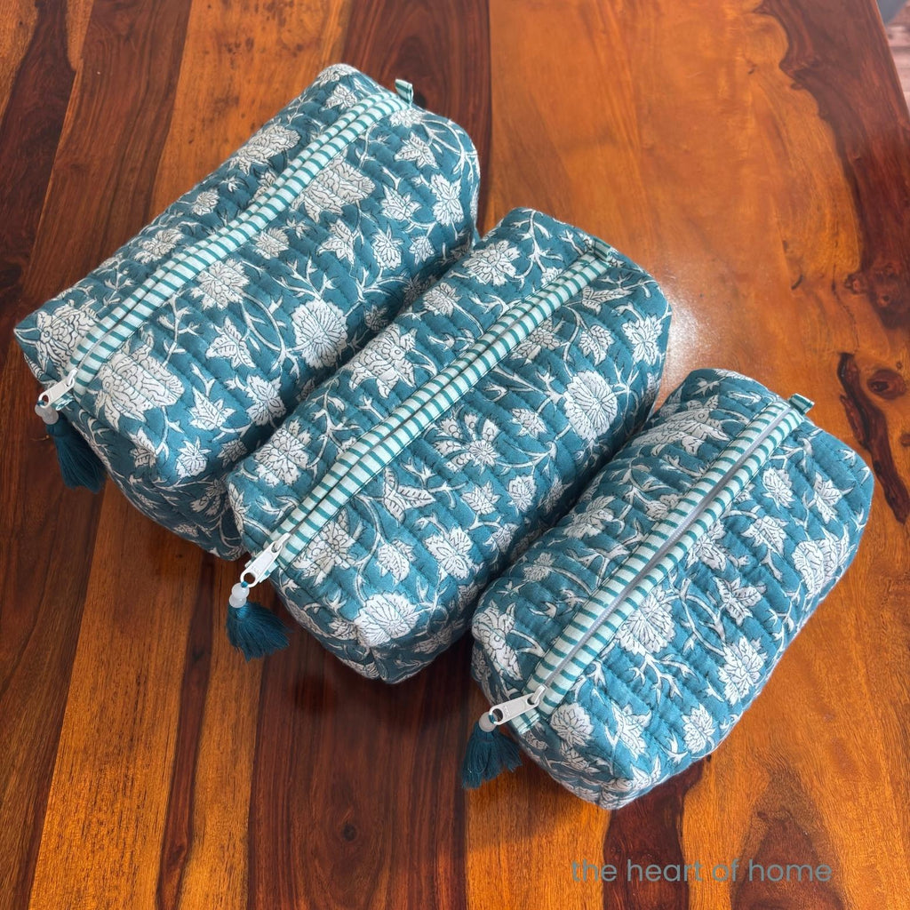 Handblock Printed Quilted Cosmetic Pouch Set: Sea Green Travel Bags