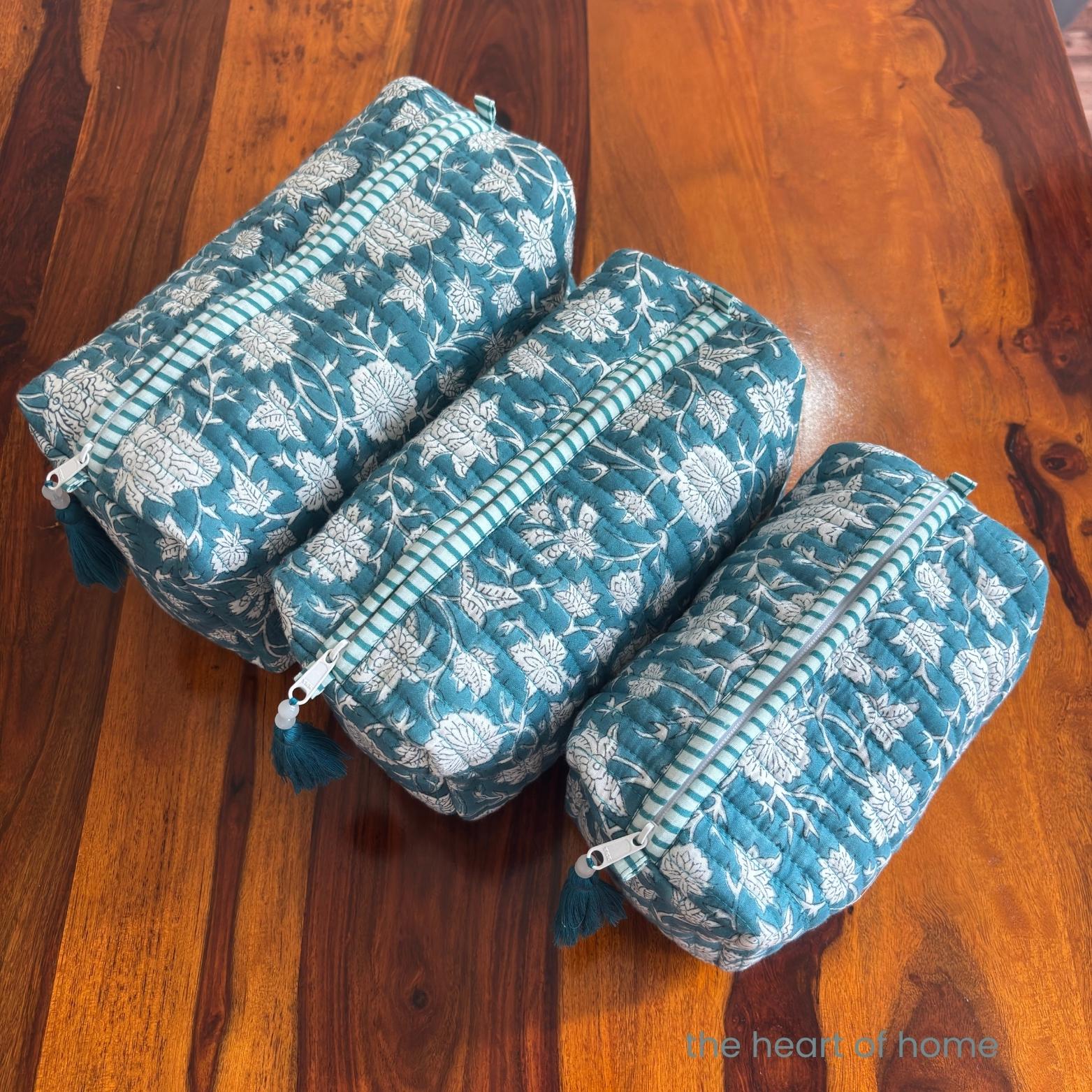 Handblock Printed Quilted Cosmetic Pouch Set: Sea Green Travel Bags