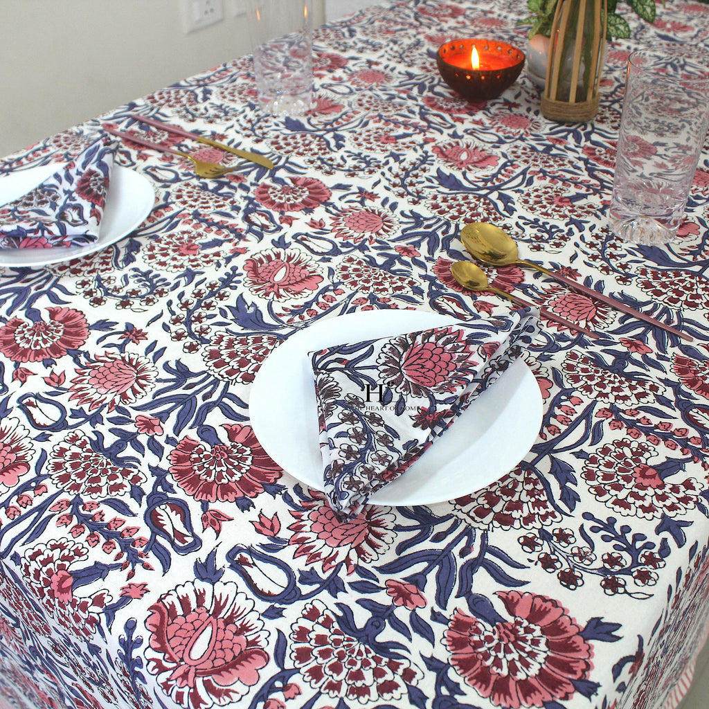 Floral Hand-Block Cotton Tablecloth: Farmhouse Dining, Purple Blooms