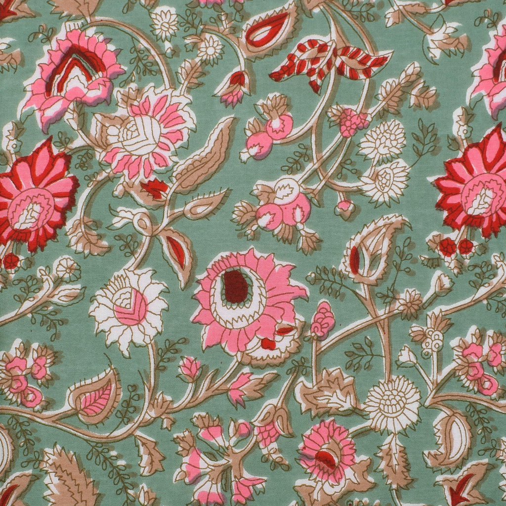Floral Hand Block Printed Cloth Napkins: Sage Green & Red Cotton Linen