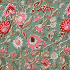 Floral Hand Block Printed Cloth Napkins: Sage Green & Red Cotton Linen