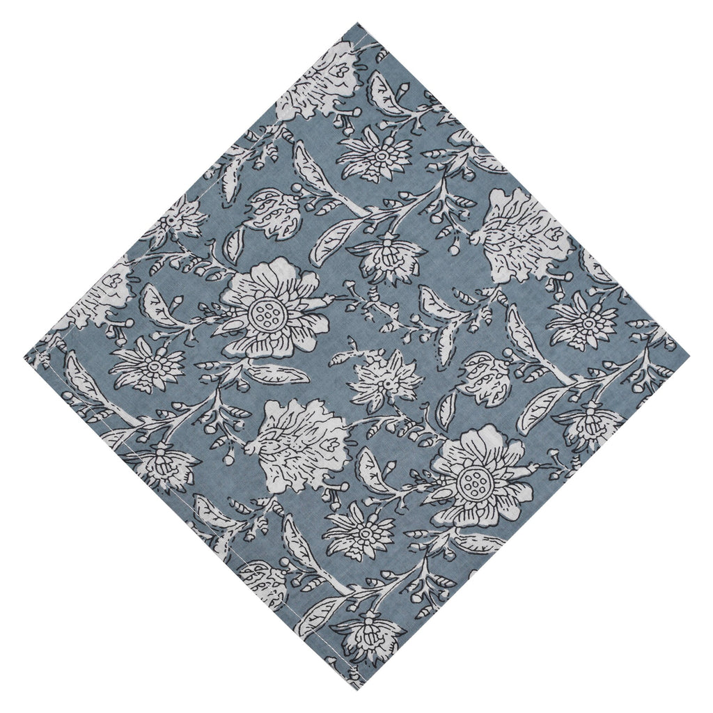 Hand Block Printed Floral Cotton Napkins: Stone Blue Elegant Dining Decor