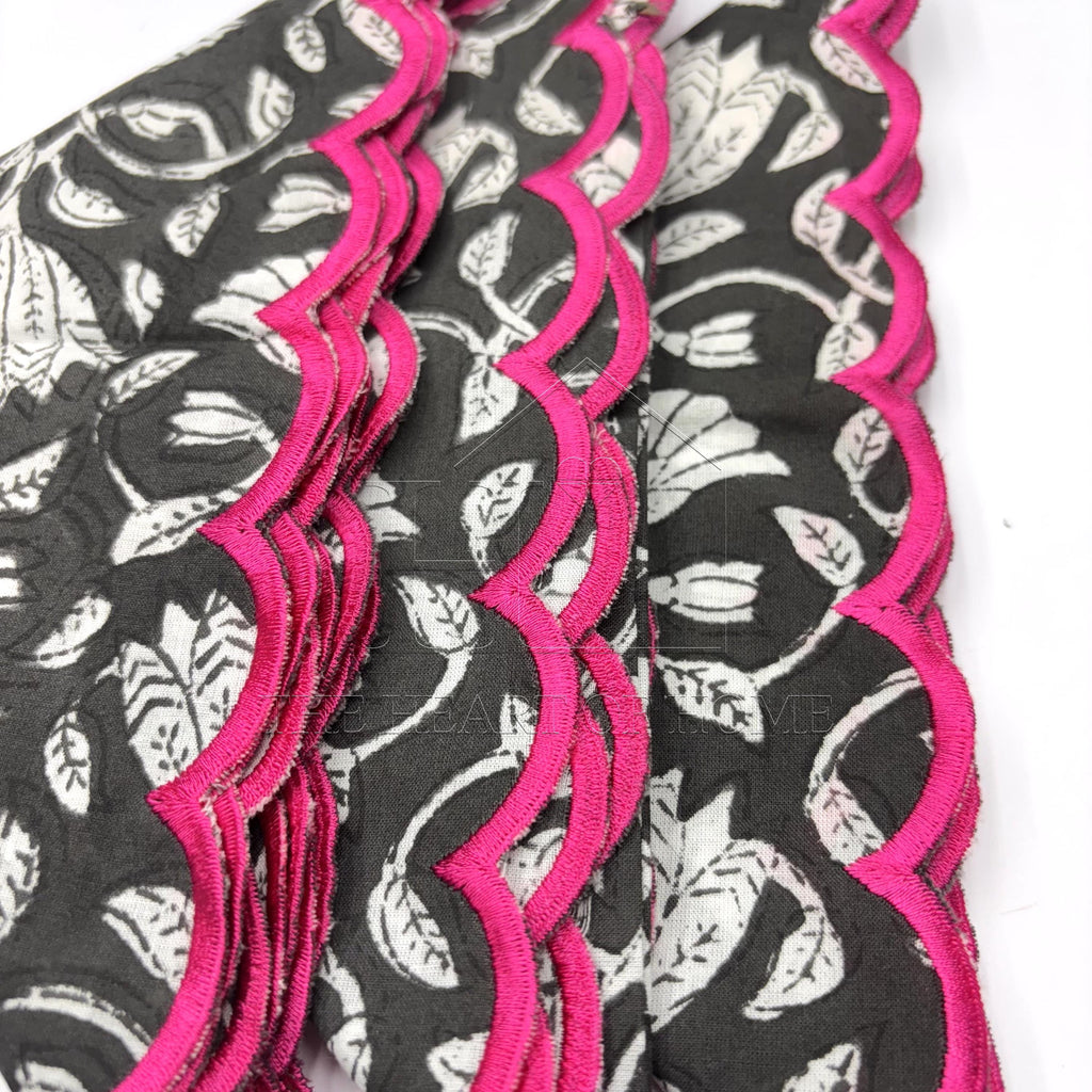 Black Pink scallop cotton Embroidery Napkins for table decoration and christmas gift | Reusable Floral Table Linen