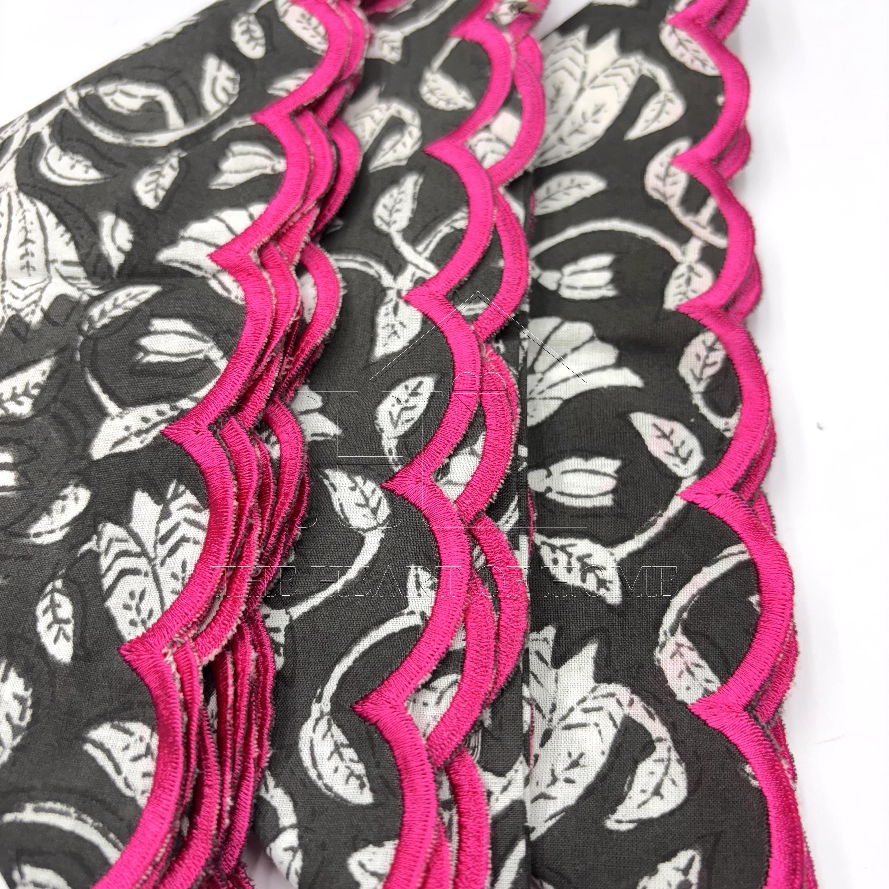 Black Pink scallop cotton Embroidery Napkins for table decoration and christmas gift | Reusable Floral Table Linen