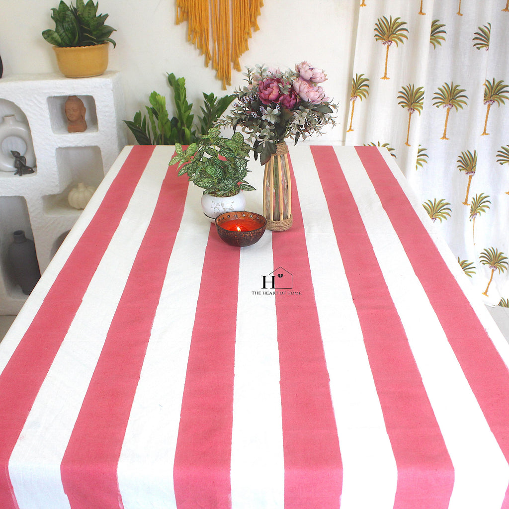 Hand-Block Stripe Cotton Tablecloth: Waterproof Rustic Farmhouse Table Cover
