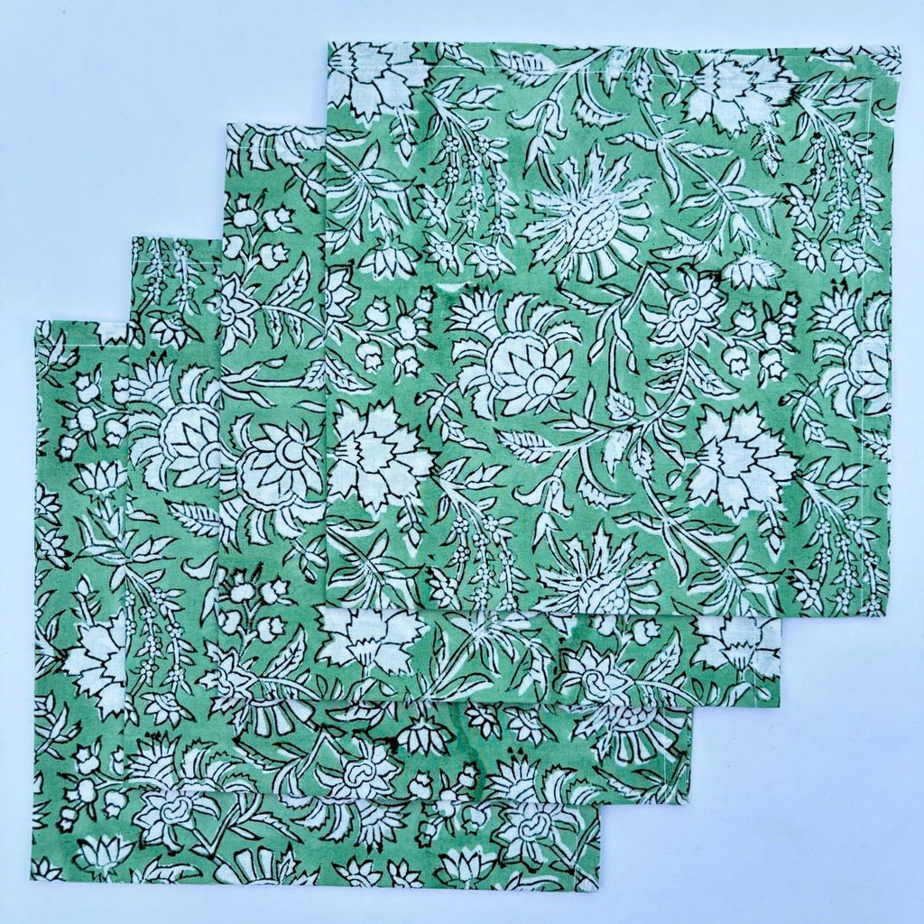 Handmade Olive Green Floral Napkins: Block Printed Cotton Table Decor
