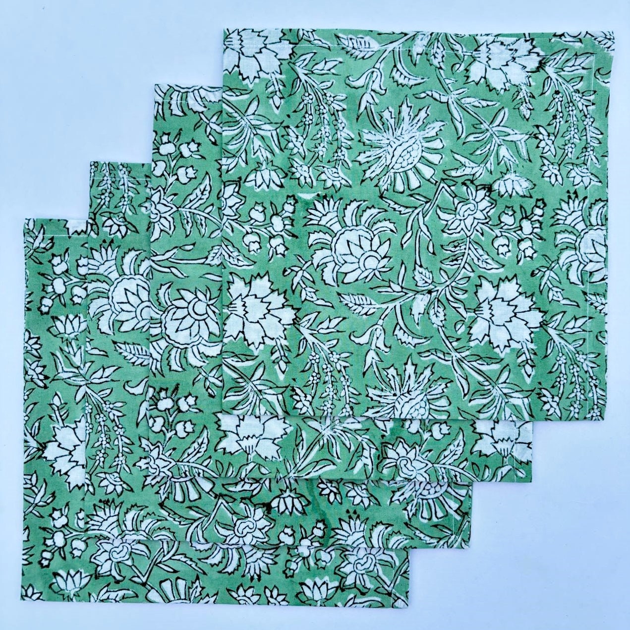 Handmade Olive Green Floral Napkins: Block Printed Cotton Table Decor