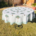 Hand Block Print Tablecloth: Tropical Palm Tree, 72 inch Round Cotton