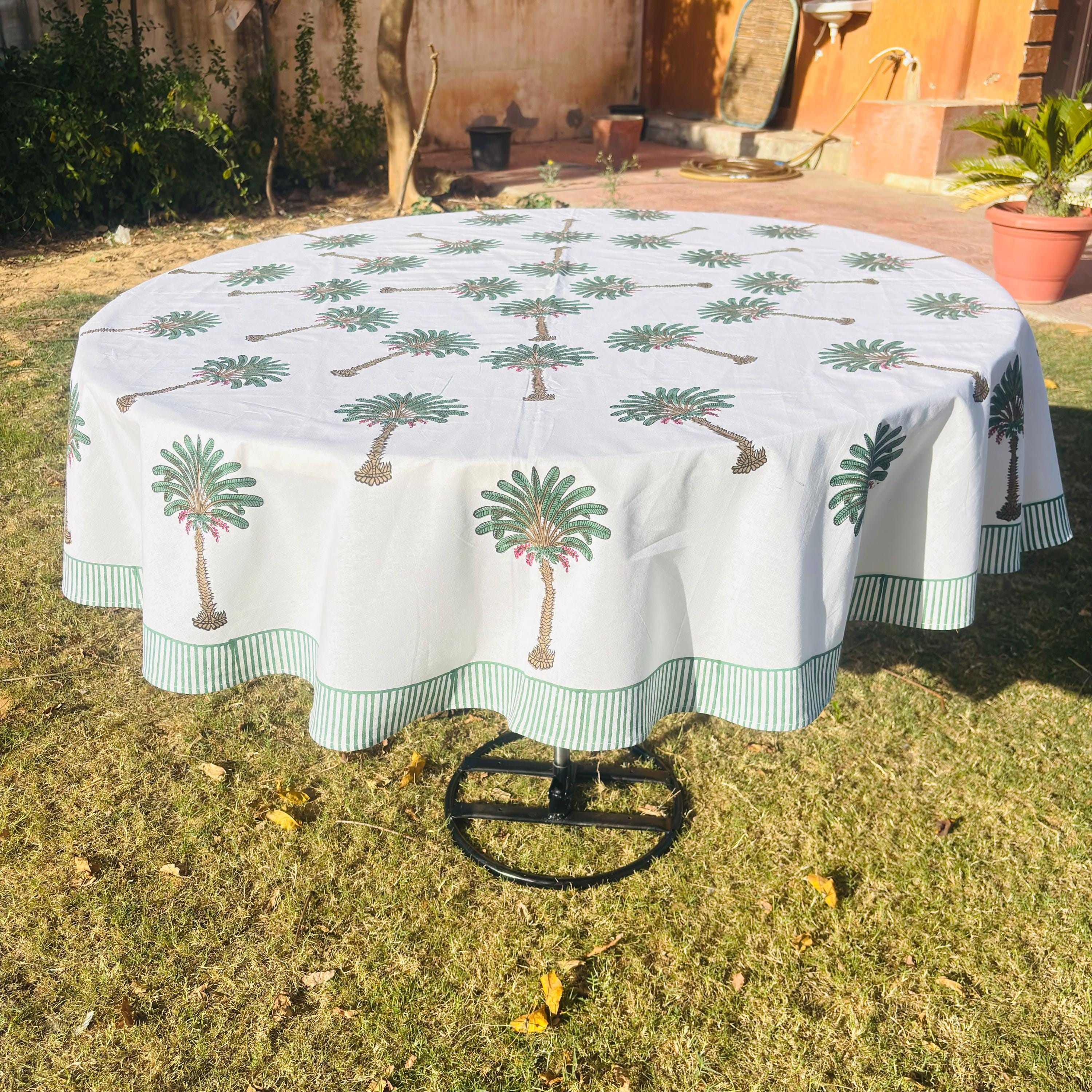 Hand Block Print Tablecloth: Tropical Palm Tree, 72 inch Round Cotton