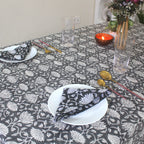 Black Floral Block Print Cotton Tablecloth - Waterproof Rustic Dining Cover