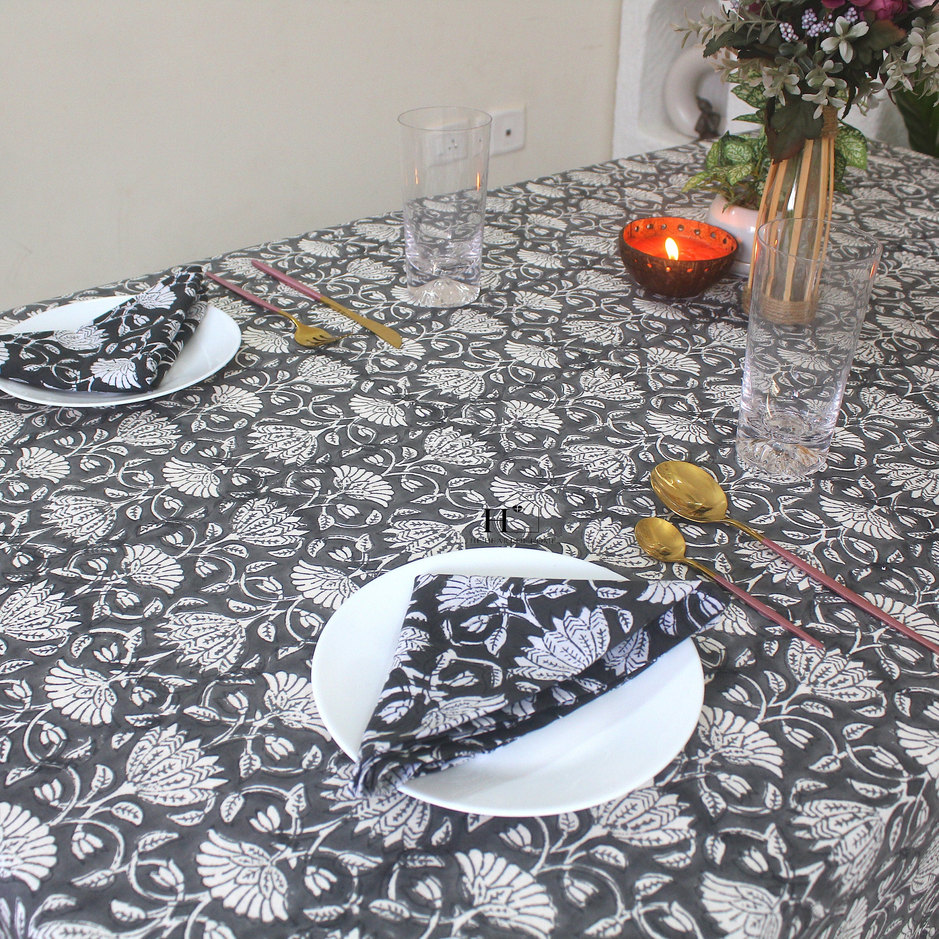 Black Floral Block Print Cotton Tablecloth - Waterproof Rustic Dining Cover