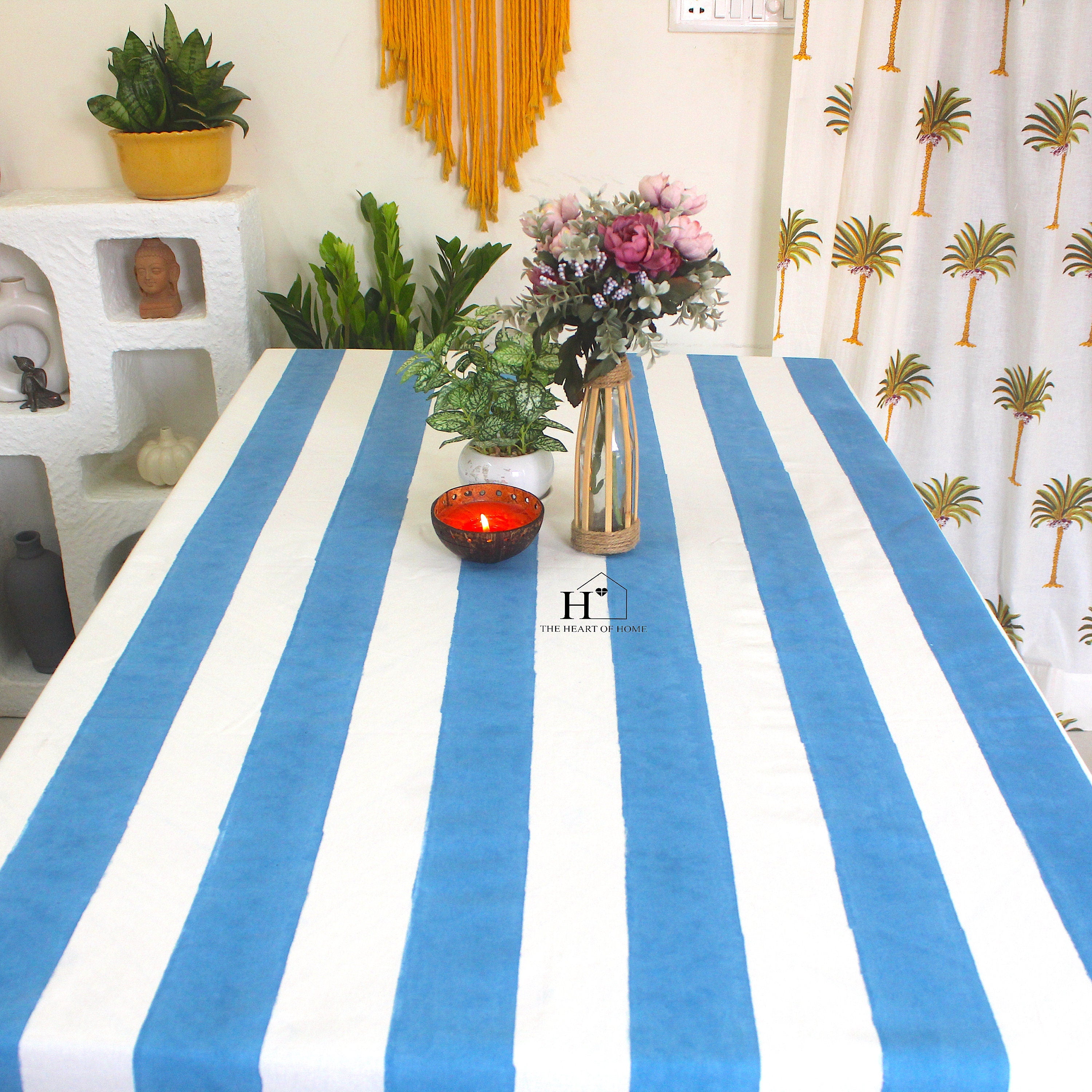 Hand-Block Stripe Cotton Tablecloth: Sky Blue Waterproof Dining Table Cover