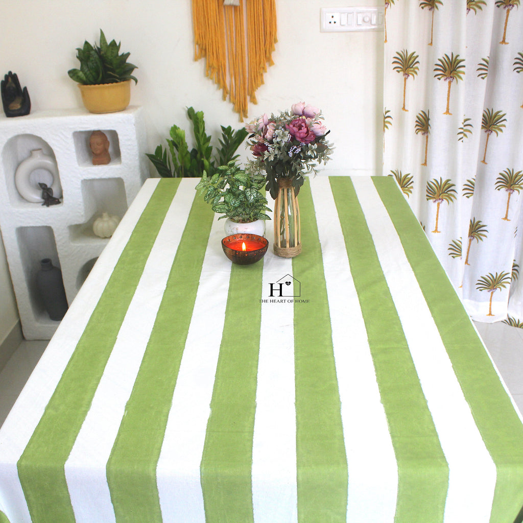 Hand-Block Printed Cotton Tablecloth: Green Stripe Minimalist Decor