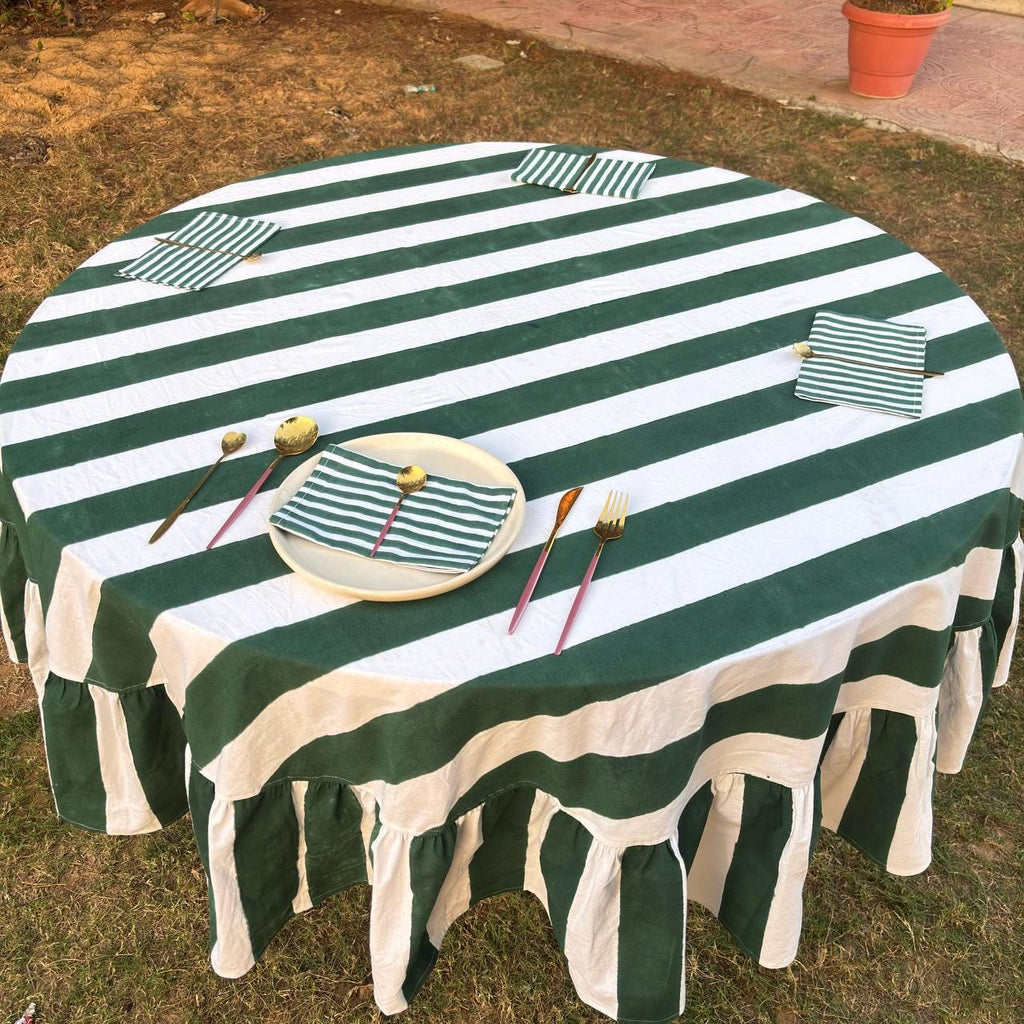 Dark Green Stripe Table Cloth for Round Table hand block printed | christmas gift | wedding table deor