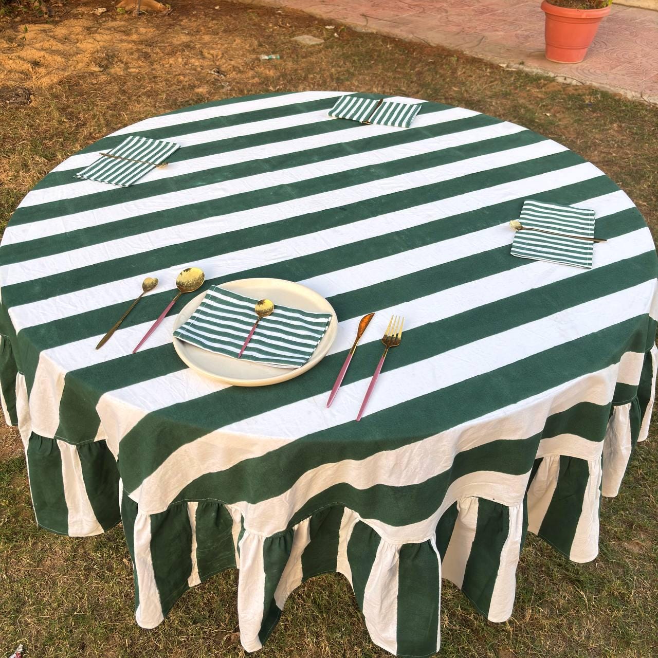 Dark Green Stripe Table Cloth for Round Table hand block printed | christmas gift | wedding table deor