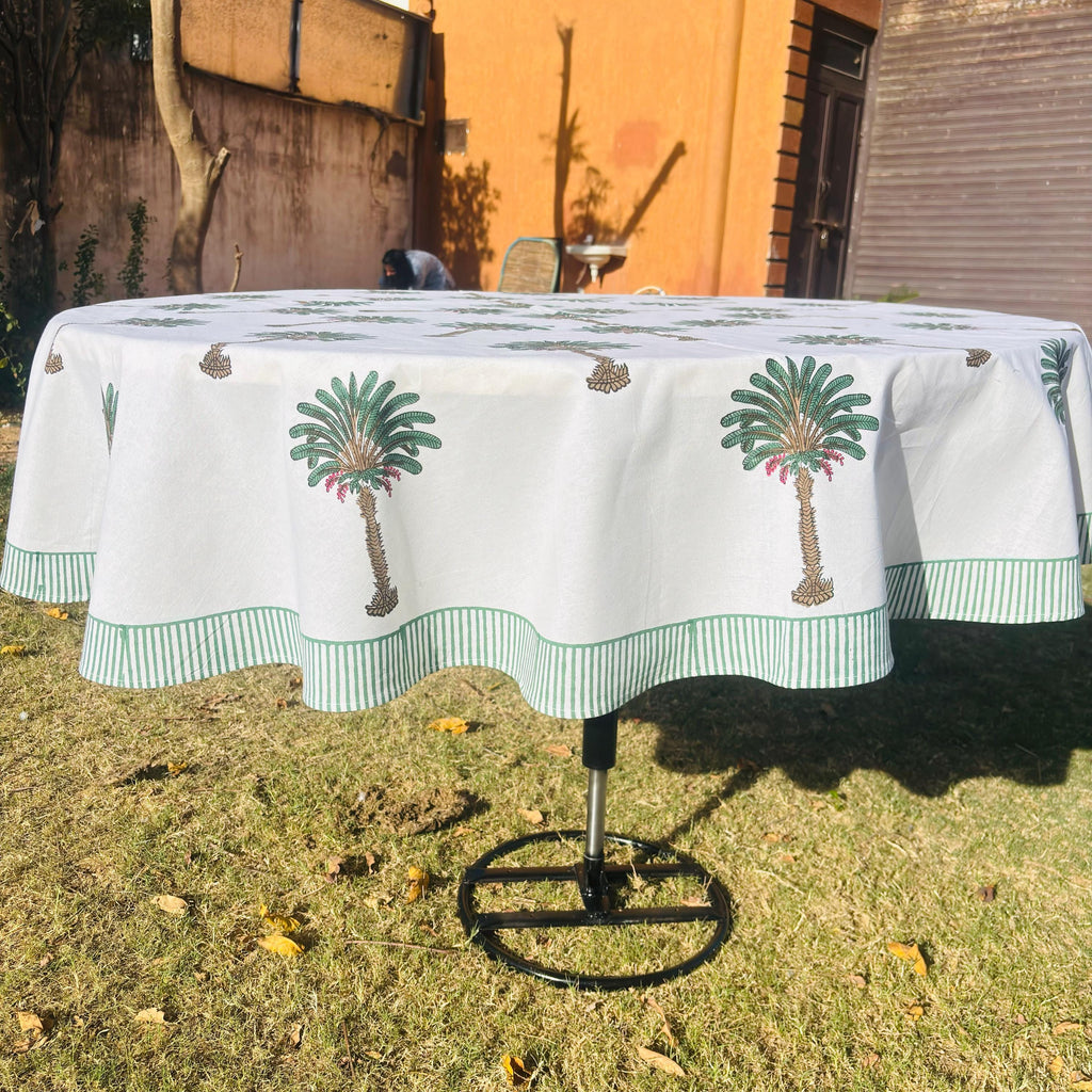 Hand Block Print Tablecloth: Tropical Palm Tree, 72 inch Round Cotton