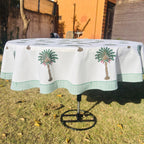 Hand Block Print Tablecloth: Tropical Palm Tree, 72 inch Round Cotton