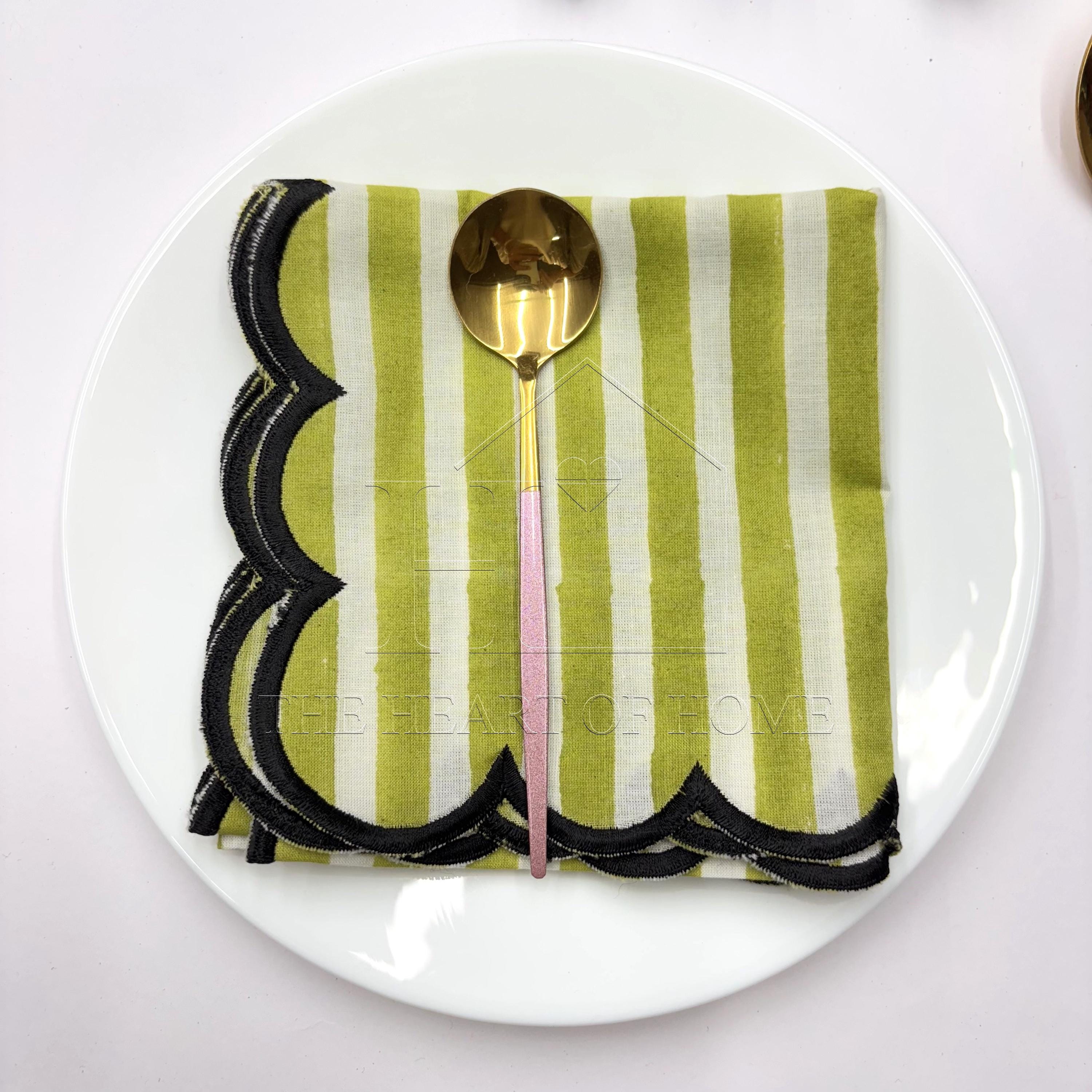 Hand Block Printed Stripe Napkins: Embroidered Scallop Edge, Sustainable Cotton