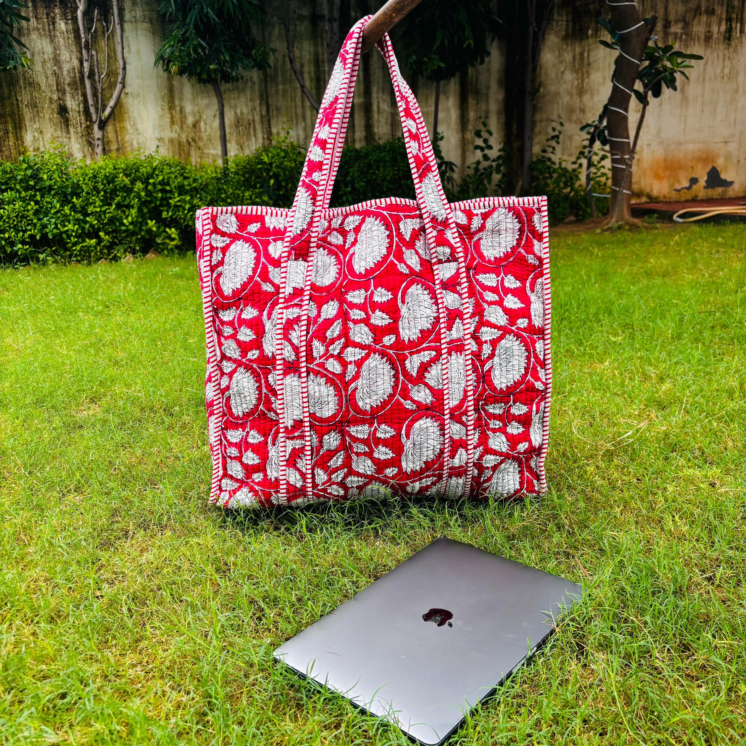 Multicolor Quilted Cotton Tote Bag: Handblock Print, Travel Friendly