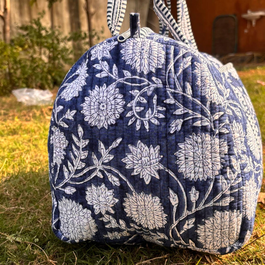 Large royal blue Cotton Quilted Duffle Bags Block print Gifts Handmade Colorful Travel night Travel Gym Yoga Luggage pocket 18x9x9 inches