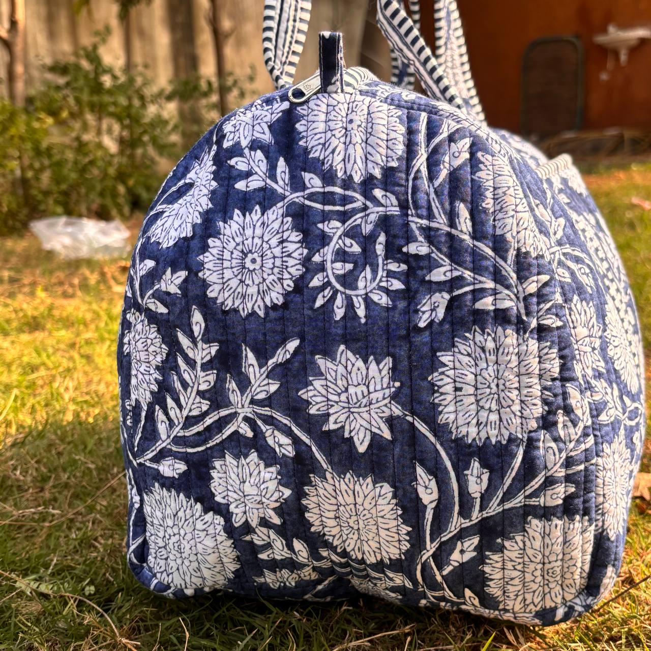 Large royal blue Cotton Quilted Duffle Bags Block print Gifts Handmade Colorful Travel night Travel Gym Yoga Luggage pocket 18x9x9 inches