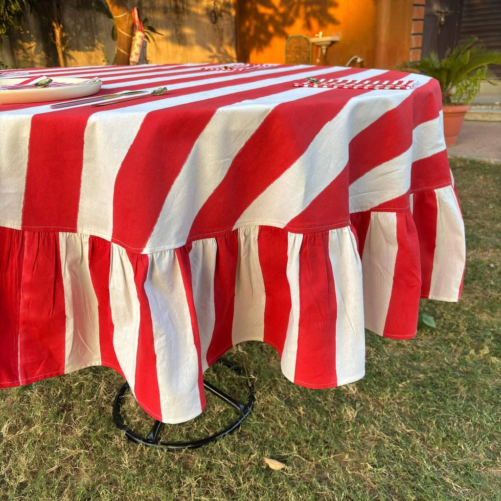 Red Stripe Table Cloth for Round Table hand block printed | christmas gift | wedding table deor