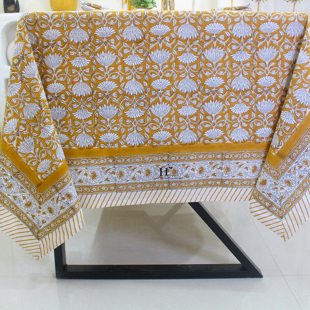 Mustard Floral Tablecloth: Hand-Block Printed Cotton, Waterproof Rustic Cover