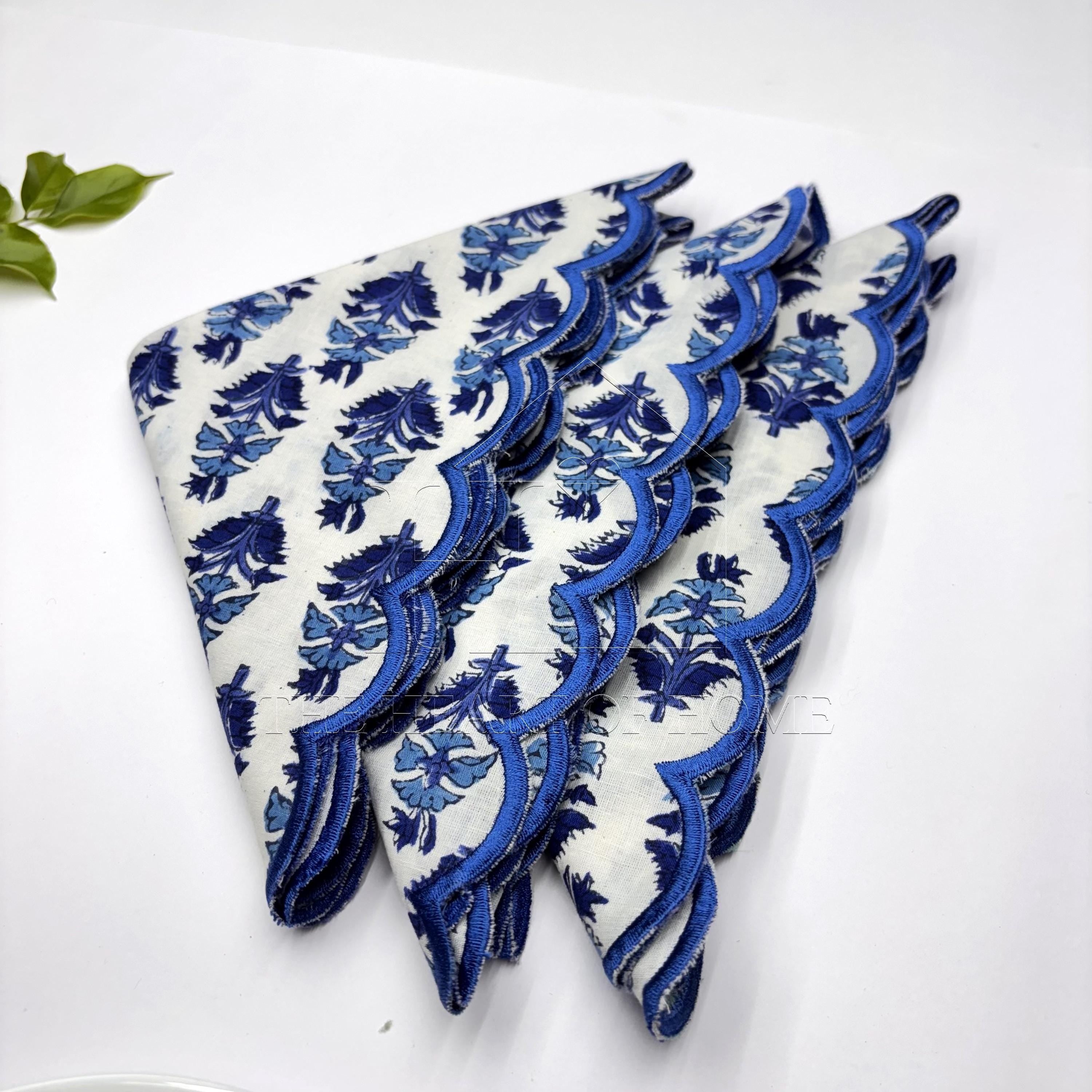 Hand Block Printed Cotton Napkins: Blue Scallop Edge, Sustainable Table Decor