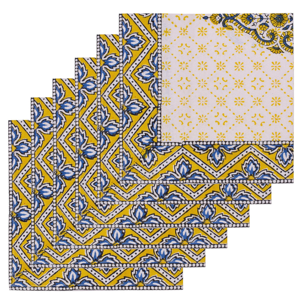 Hand Block Printed Placemats and Napkins: Mustard Floral Cotton Dining Set