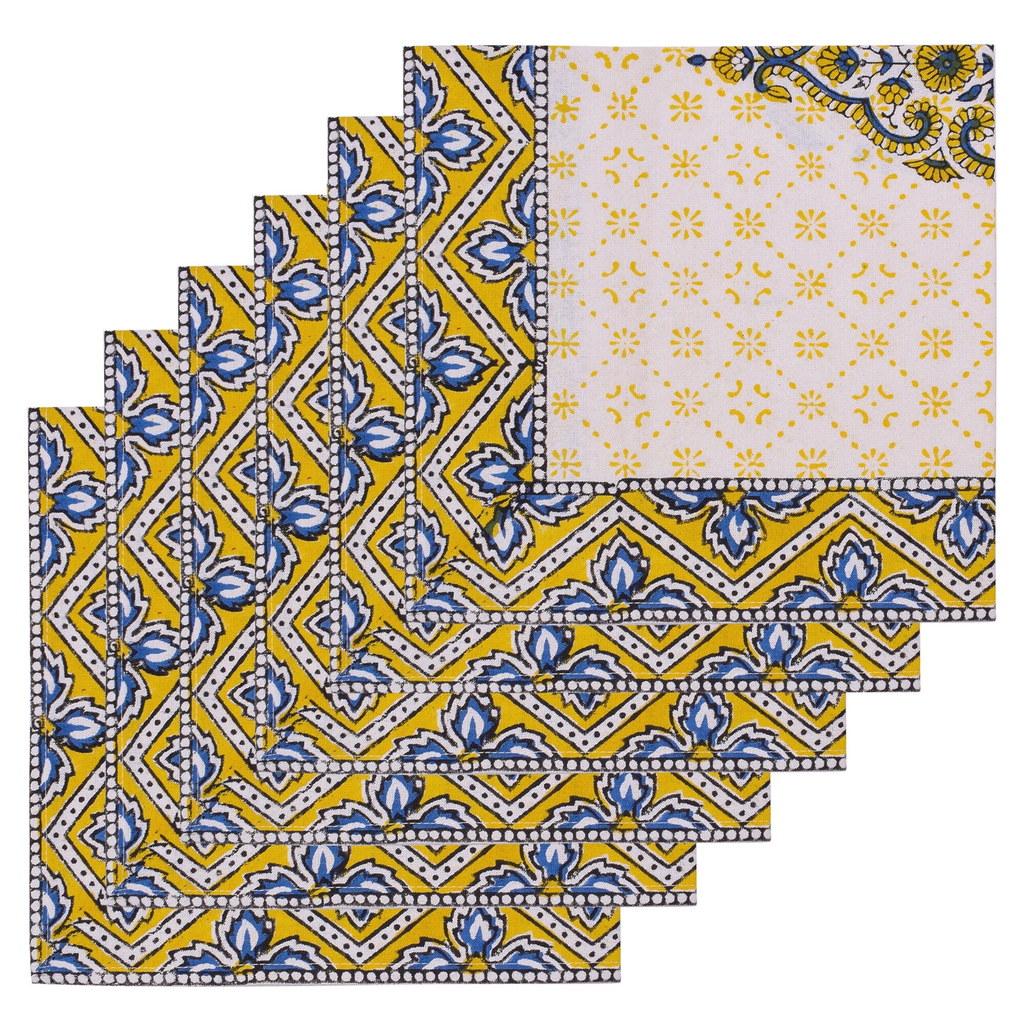 Hand Block Printed Placemats and Napkins: Mustard Floral Cotton Dining Set