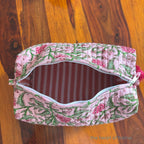 Handblock Printed Quilted Cosmetic Pouch Set: Pink Toiletry Bags, Travel Organizers
