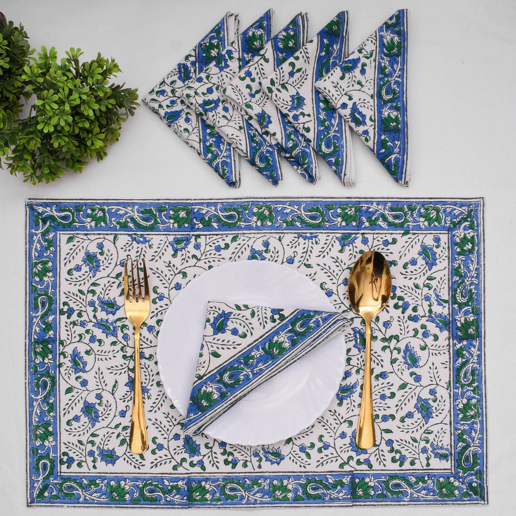 Hand Block Printed Placemats and Napkins: Cobalt Blue Floral Cotton Set