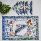 Hand Block Printed Placemats and Napkins: Cobalt Blue Floral Cotton Set