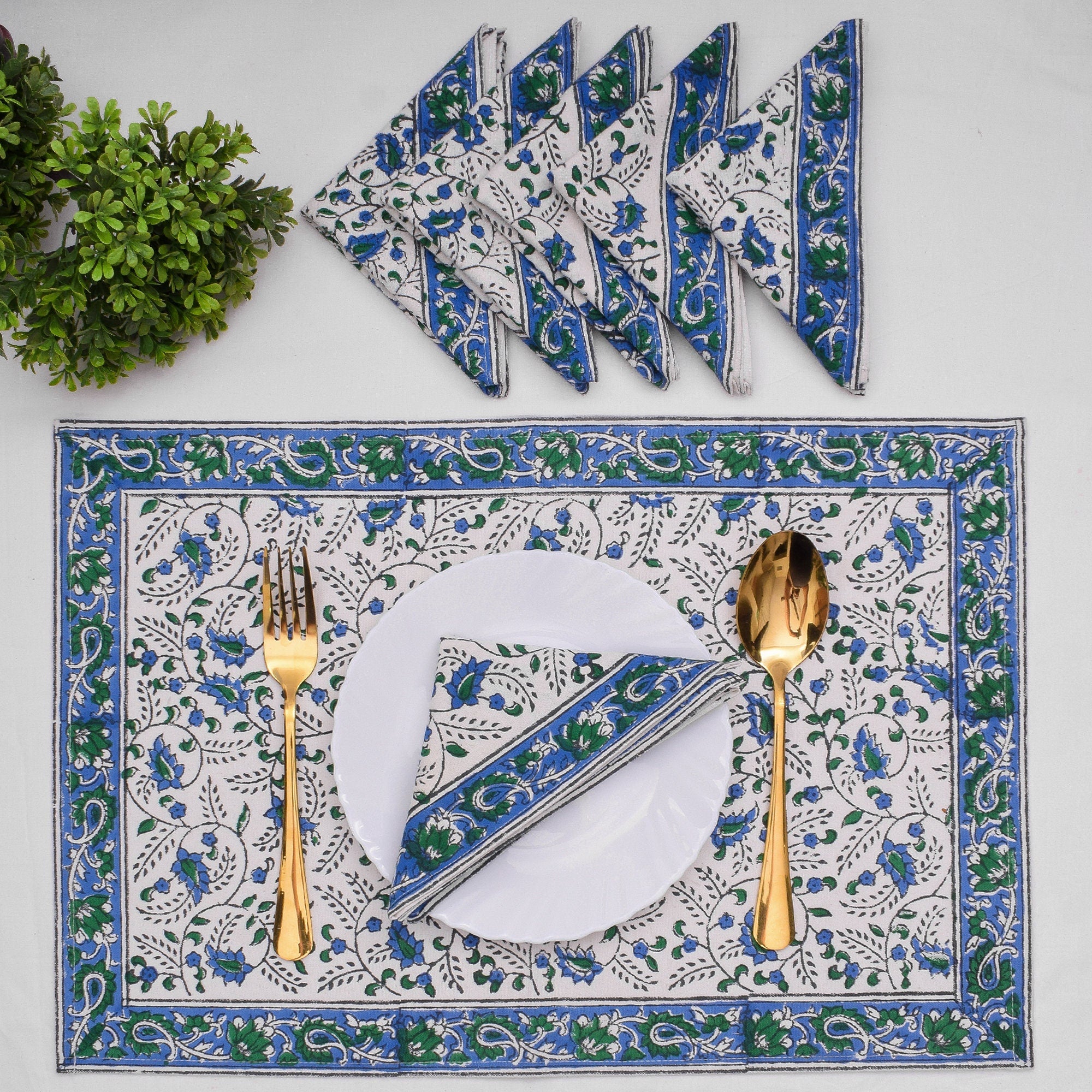 Hand Block Printed Placemats and Napkins: Cobalt Blue Floral Cotton Set