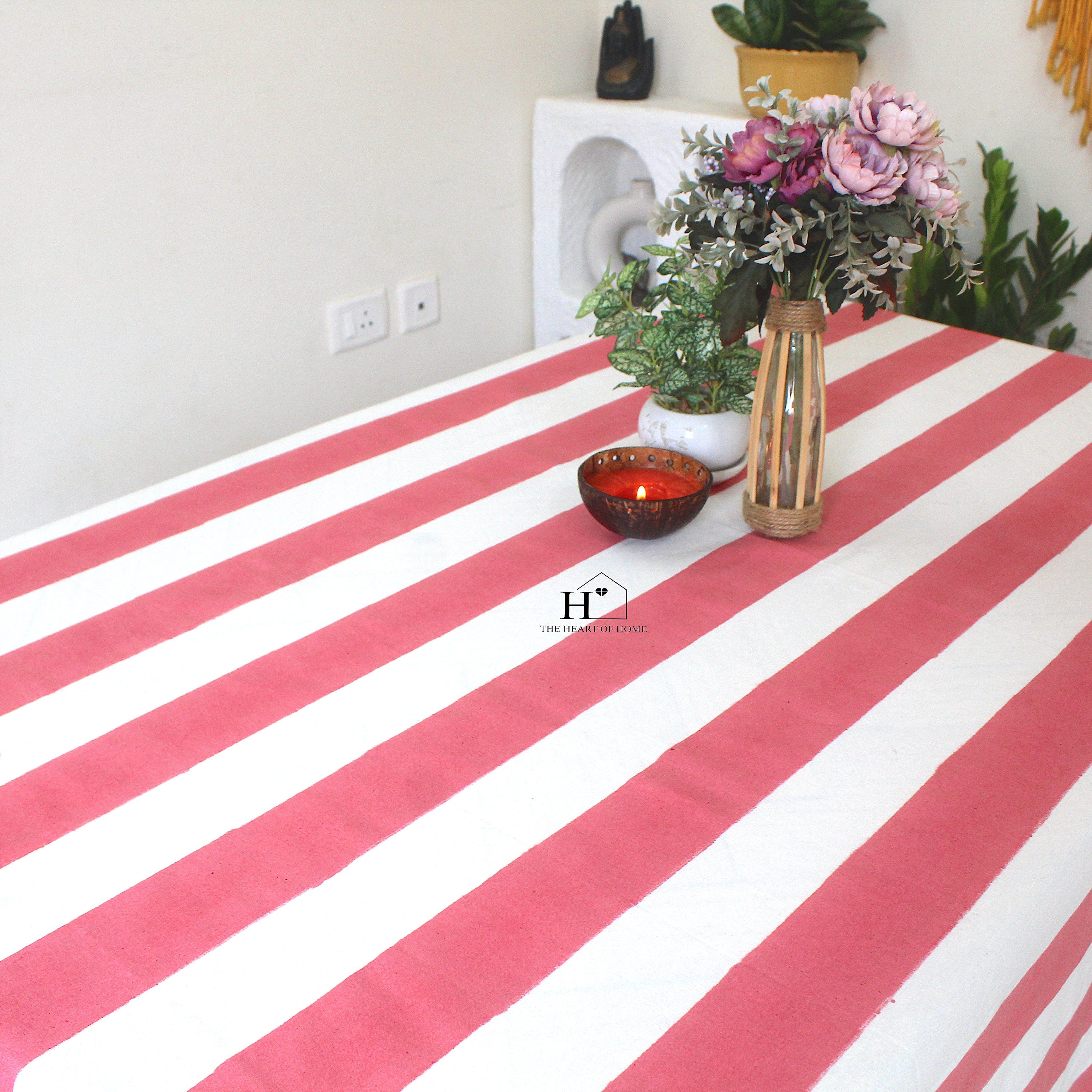Hand-Block Rosy Pink Stripe Cotton Tablecloth: Waterproof Farmhouse Table Cover