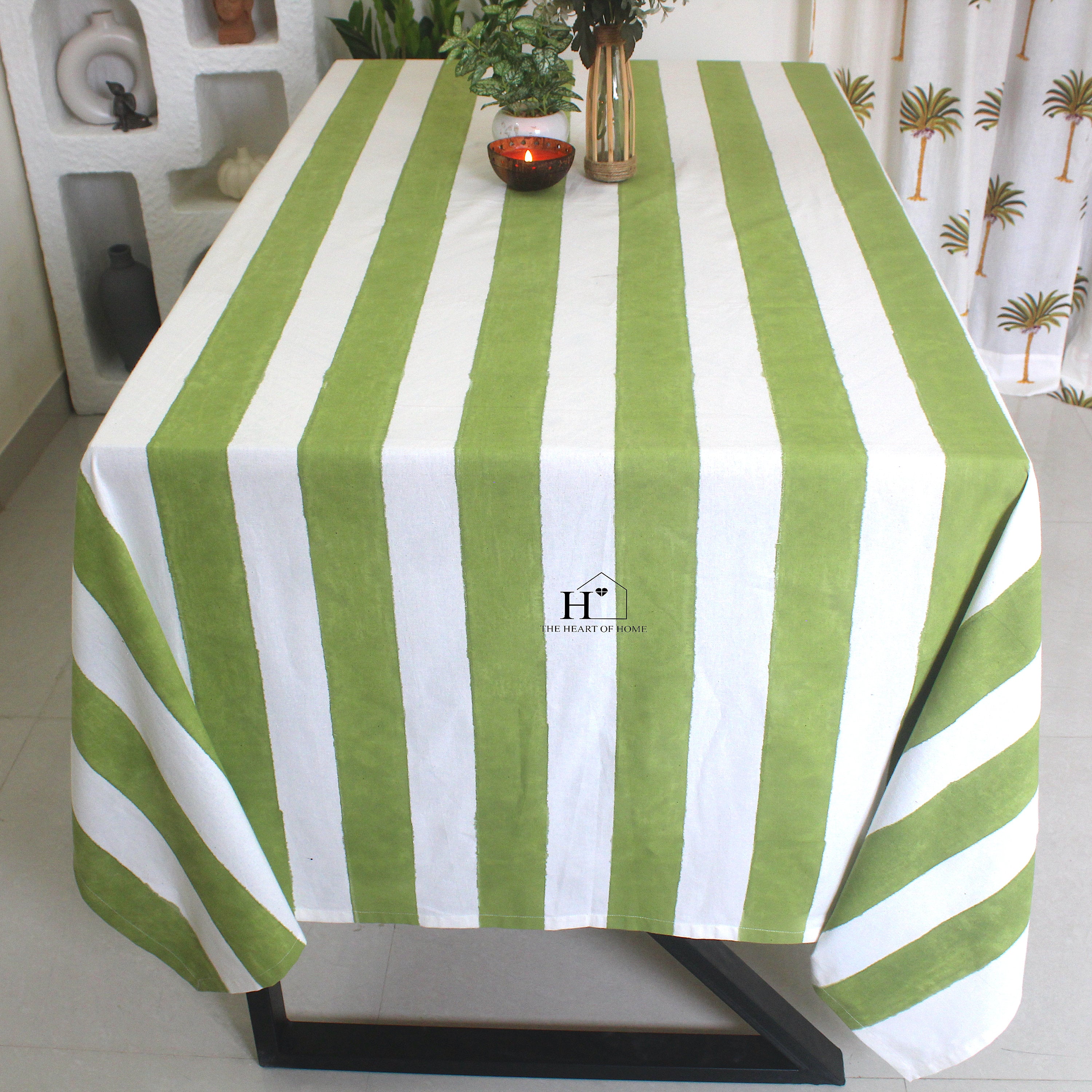 Hand-Block Printed Cotton Tablecloth: Green Stripe Minimalist Decor