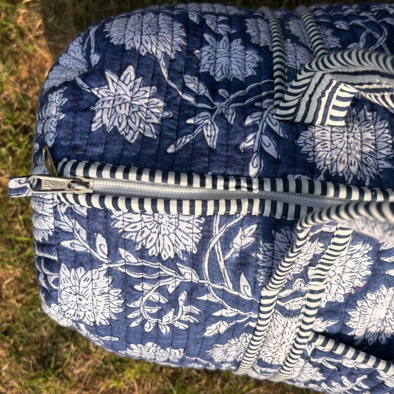 Large royal blue Cotton Quilted Duffle Bags Block print Gifts Handmade Colorful Travel night Travel Gym Yoga Luggage pocket 18x9x9 inches