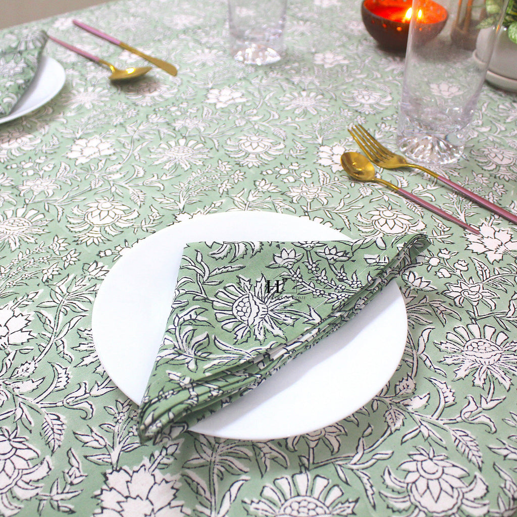 Hand Block Printed Olive Green Linen Tablecloth - Custom Sizes