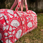 Large Bright Red Cotton Quilted Duffle Bags Block print Gifts Handmade Colorful Travel night Travel Gym Yoga Luggage pocket 18x9x9 inches