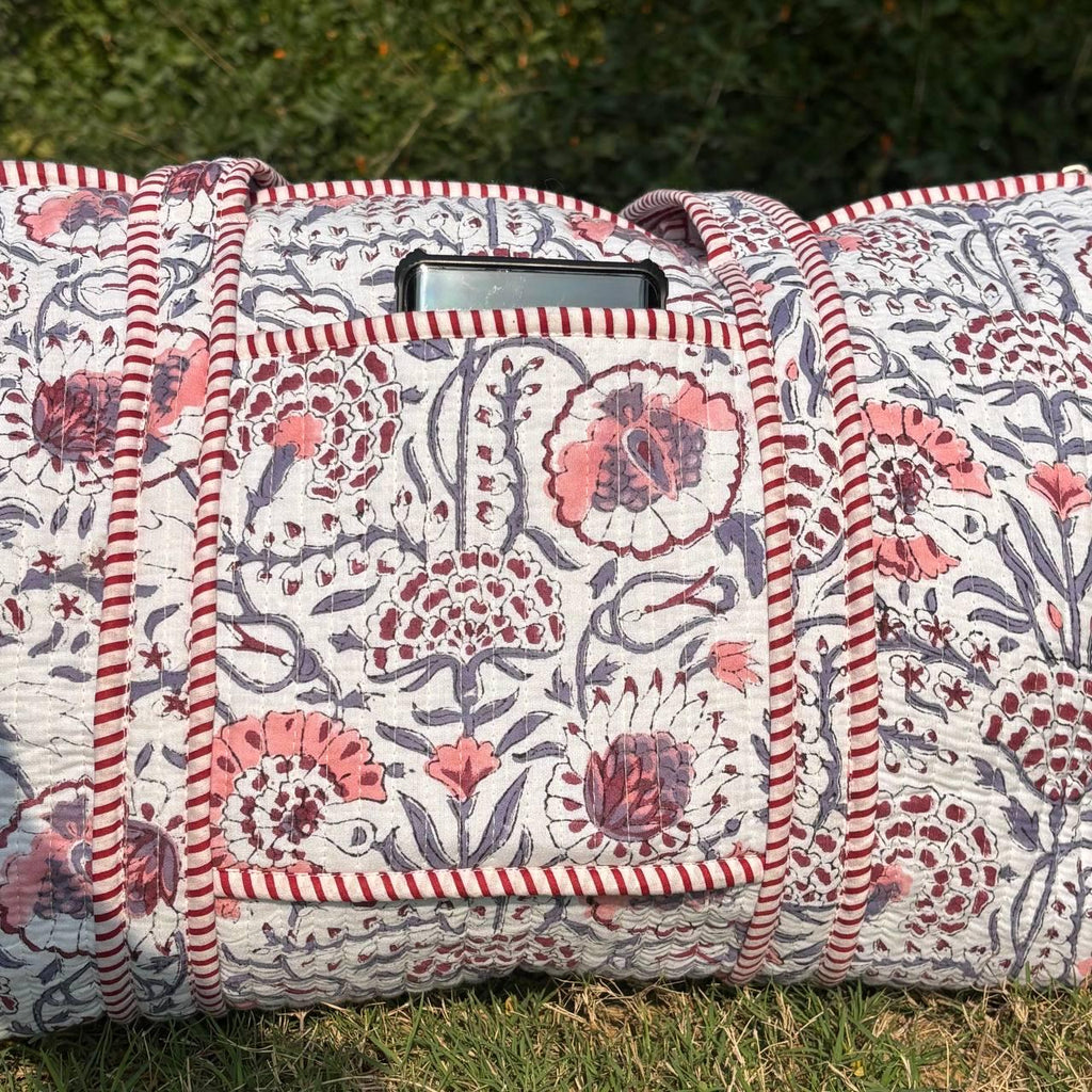 Large white Cotton Quilted Duffle Bags Block print Gifts Handmade Colorful Travel night Travel Gym Yoga Luggage pocket 18x9x9 inches