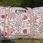 Large white Cotton Quilted Duffle Bags Block print Gifts Handmade Colorful Travel night Travel Gym Yoga Luggage pocket 18x9x9 inches