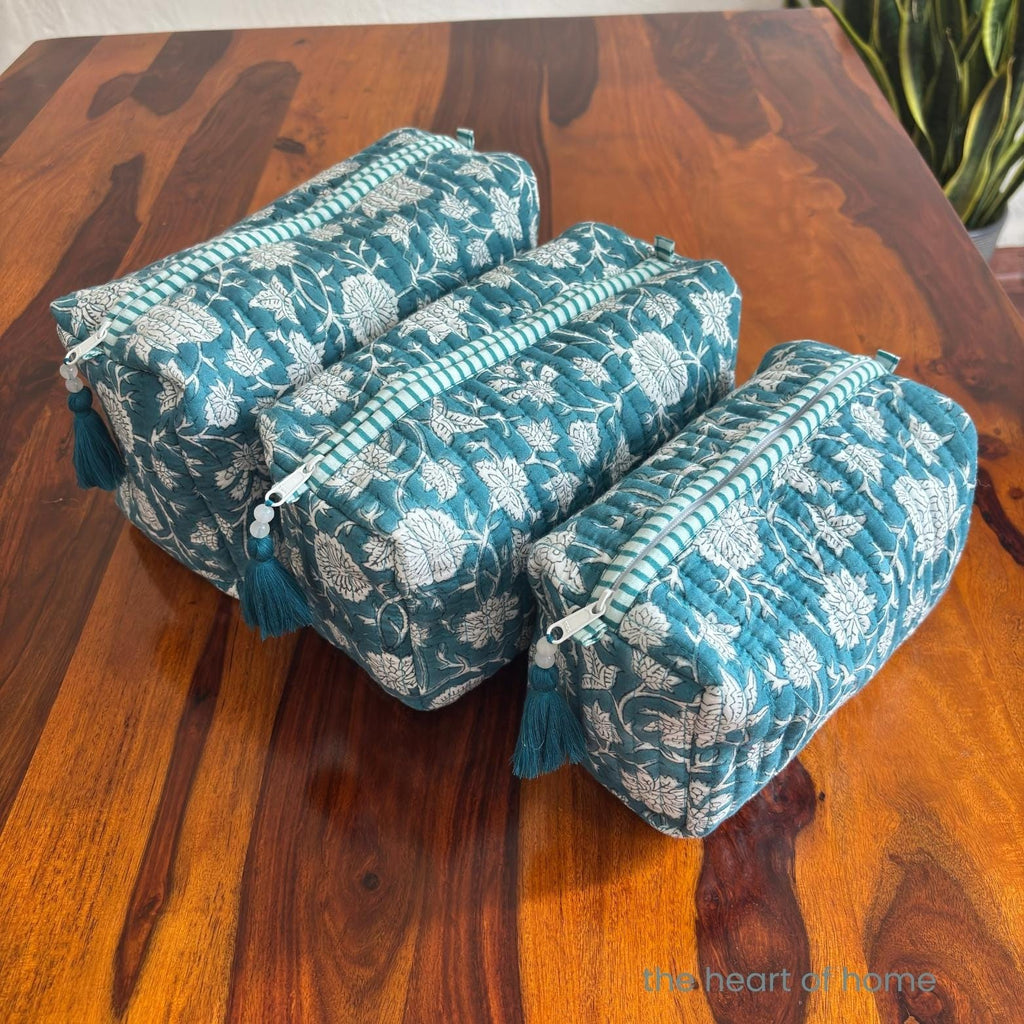 Handblock Printed Quilted Cosmetic Pouch Set: Sea Green Travel Bags