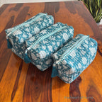 Handblock Printed Quilted Cosmetic Pouch Set: Sea Green Travel Bags