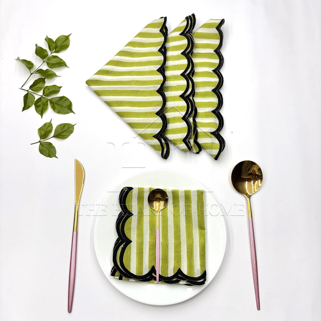 Hand Block Printed Stripe Napkins: Embroidered Scallop Edge, Sustainable Cotton
