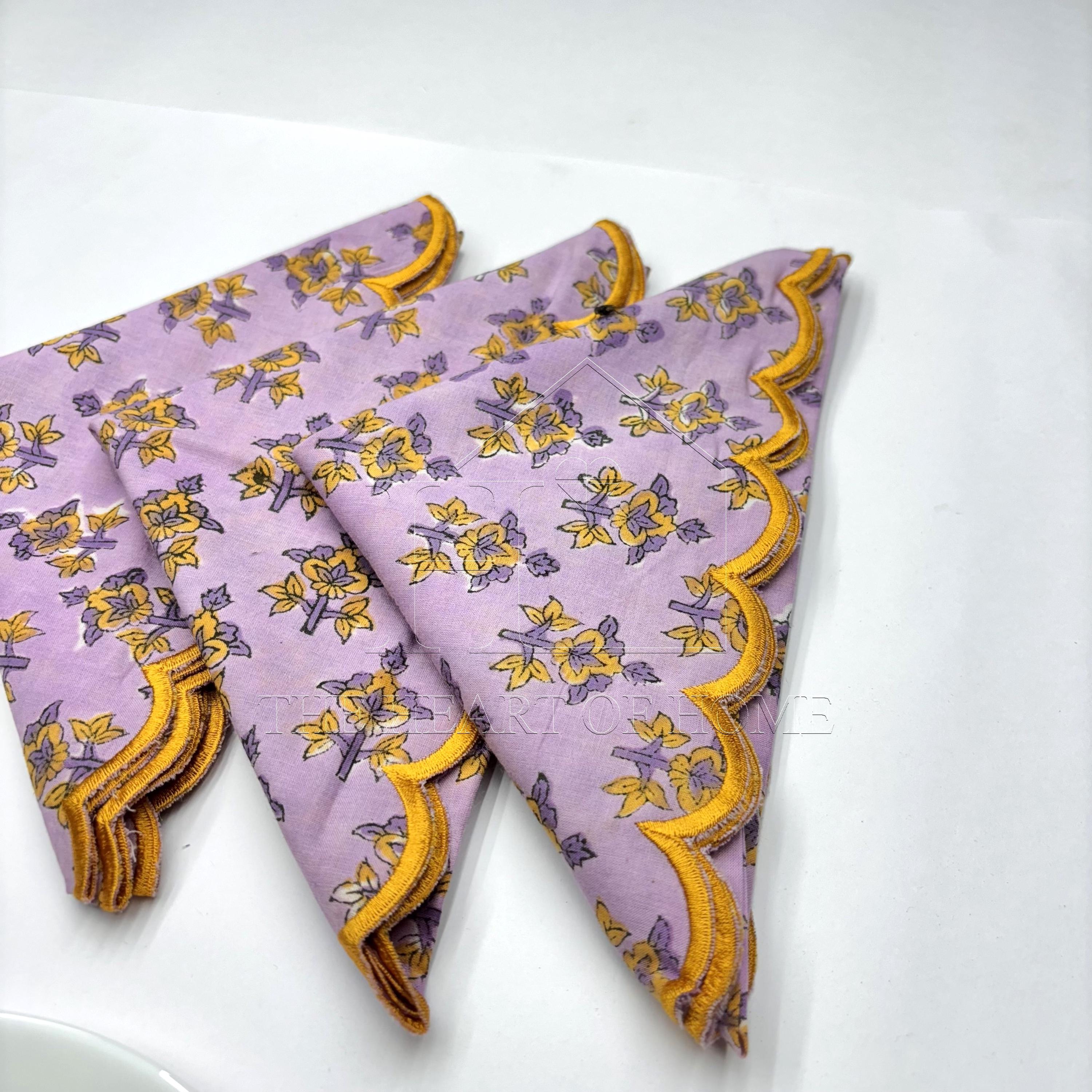 Lavender yellow scallop cotton Embroidery Napkins for table decoration and christmas gift | Reusable Floral Table Linen