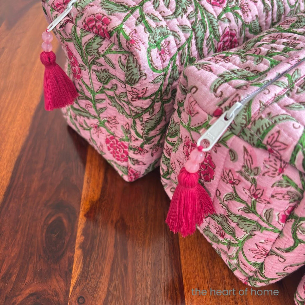 Handblock Printed Quilted Cosmetic Pouch Set: Pink Toiletry Bags, Travel Organizers
