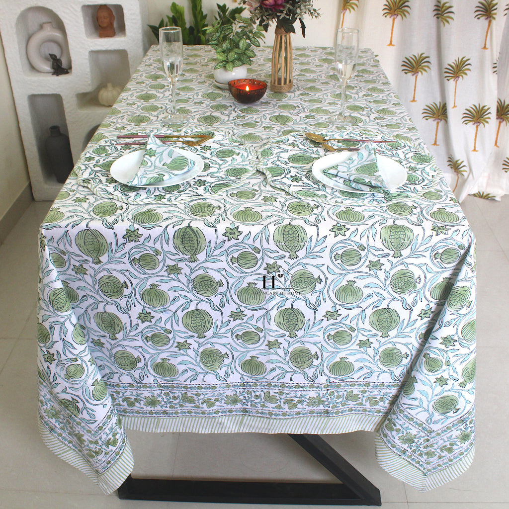 Sage Green Floral Tablecloth: Hand-Block Printed Cotton, Rustic Farmhouse Style